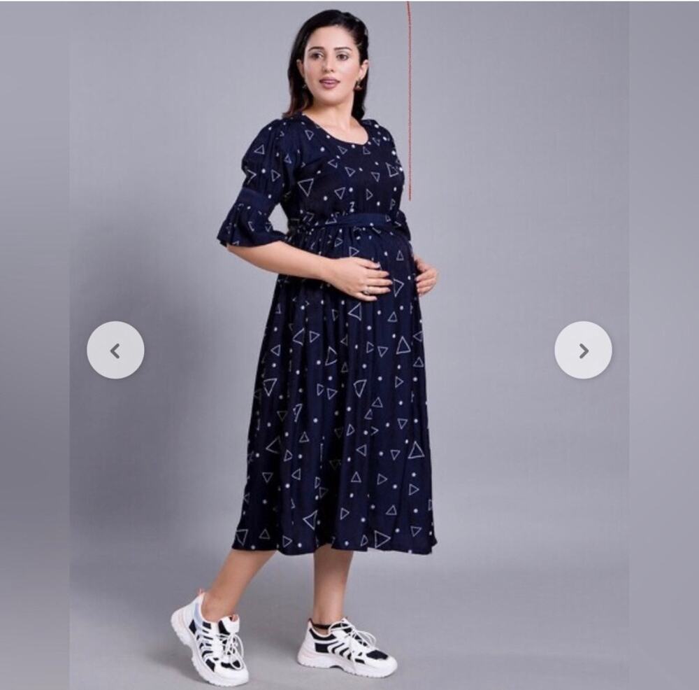 Navy Blue Geometric Print Maternity Midi Dress - Bell Sleeves / Nursing Friendly